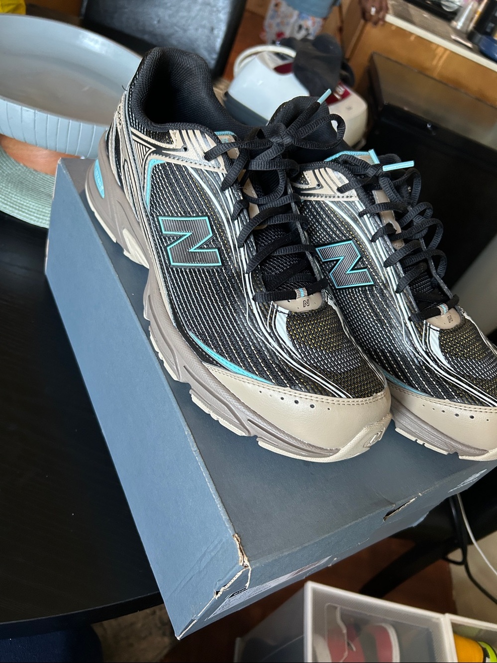 New Balance unisex Black, Tan and Teal Athletic Sneakers